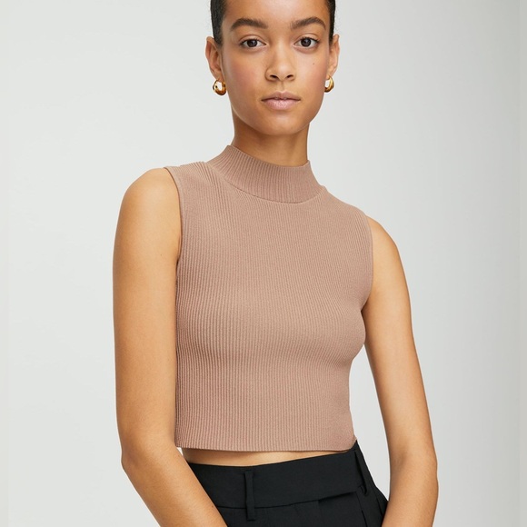 Babaton Aritzia tan Sculpt Knitted Mock neck Ribbed Cropped Tank Top XXS - Picture 1 of 5